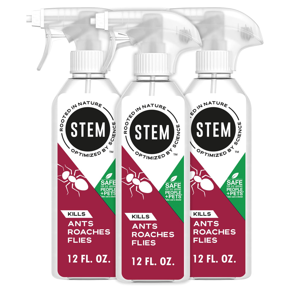 STEM bug spray three-pack kills ants, roaches and flies for indoor and outdoor use.