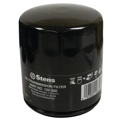 Stens 120-380 transmission filter close-up showing compact 3" diameter and 3.5" height