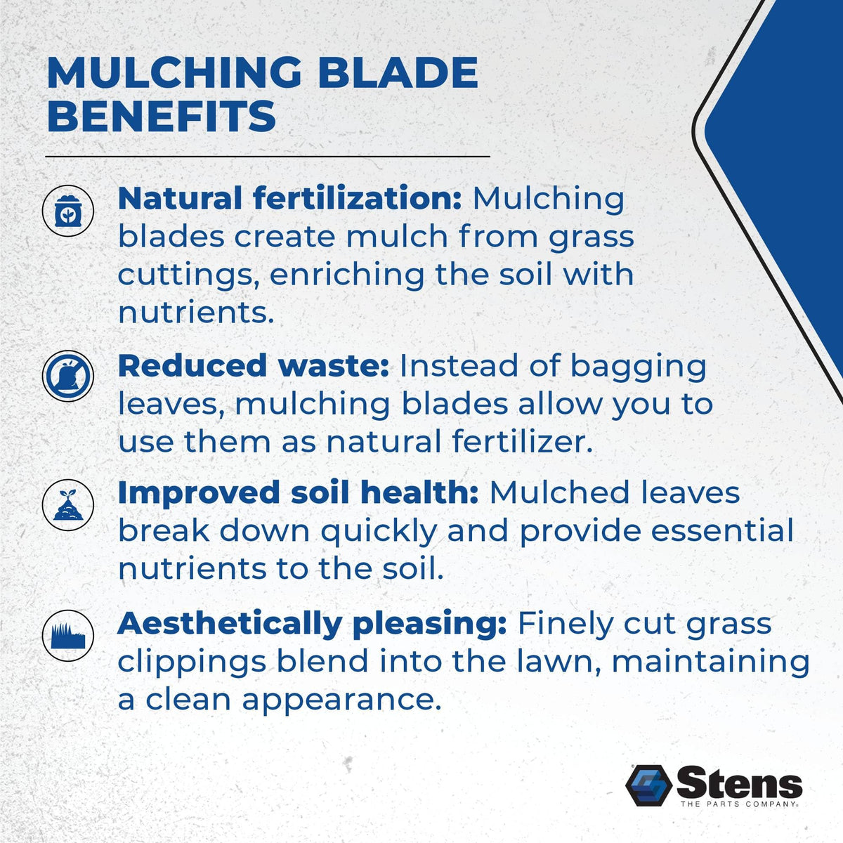 Stens blade cutting action in grass with mulching capability in action.
