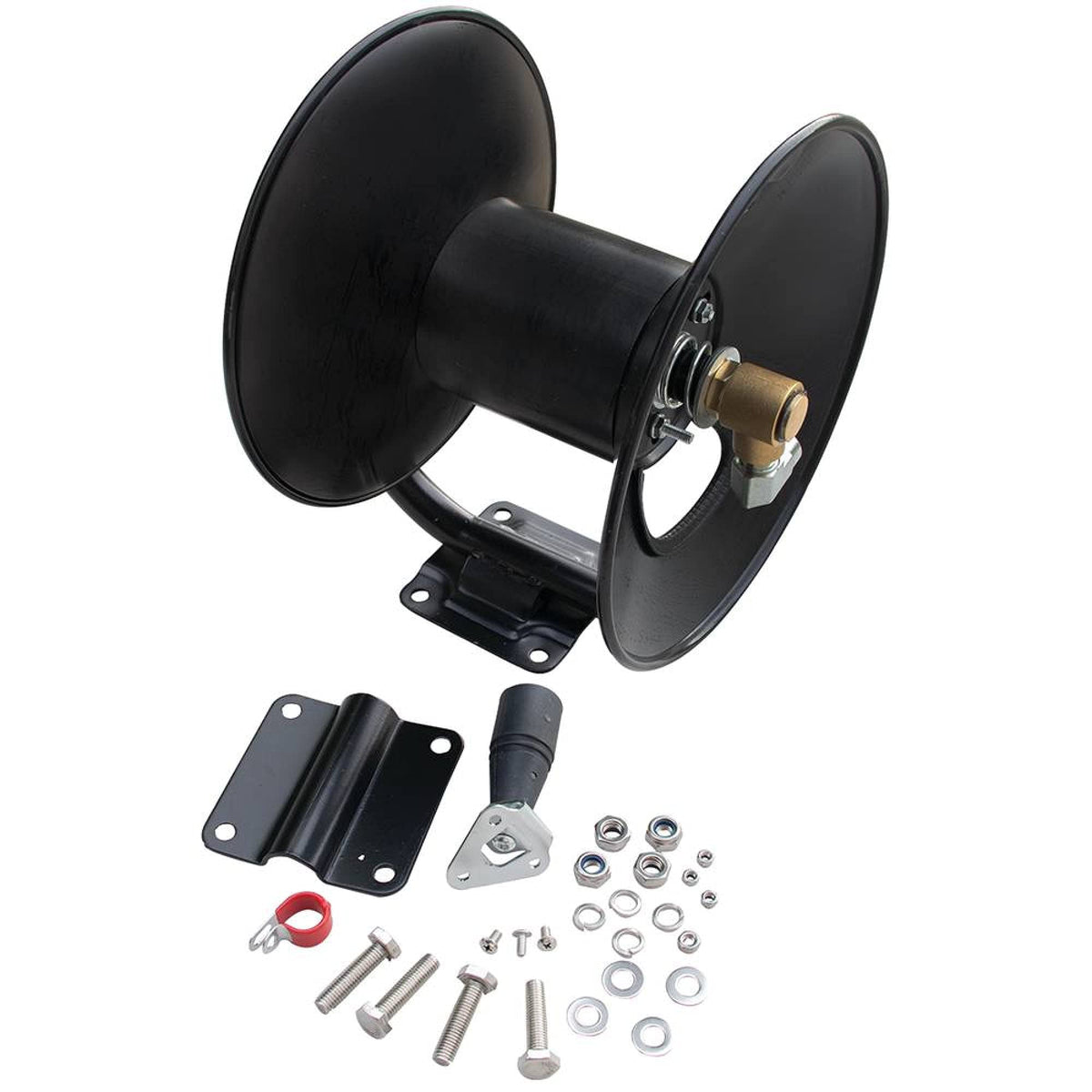Stens 758-740 hose reel front view highlights durable steel build for long-term use