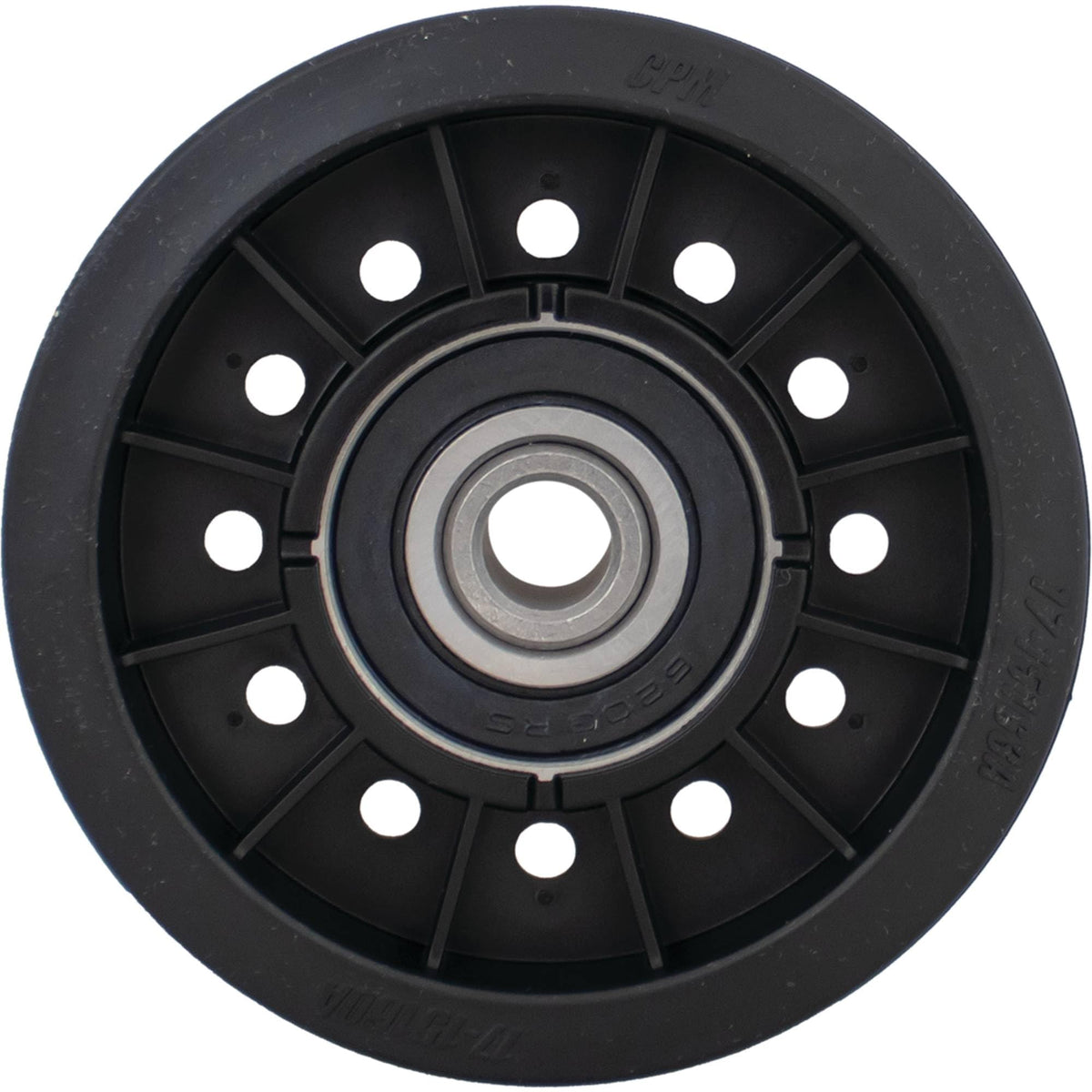 Stens idler pulley, top view, prevents belt slip during mowing