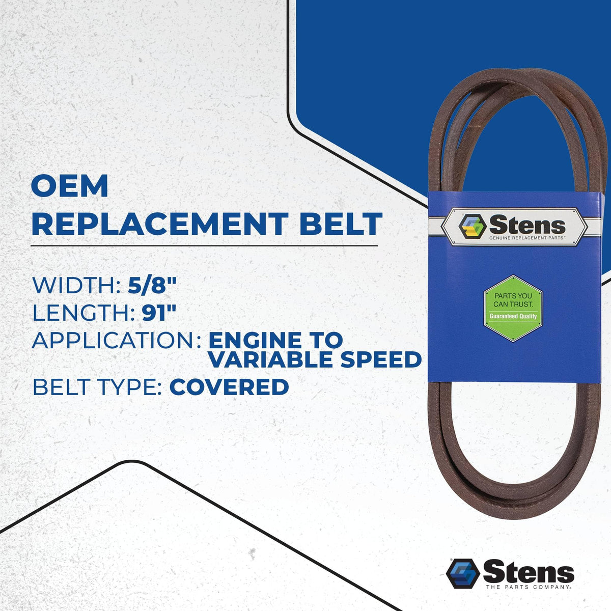 Stens 265-101 belt length label showing precise 90.5 inches