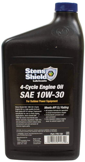 Stens Shield 770-132 labeled bottle highlights zinc boost for engine wear protection.