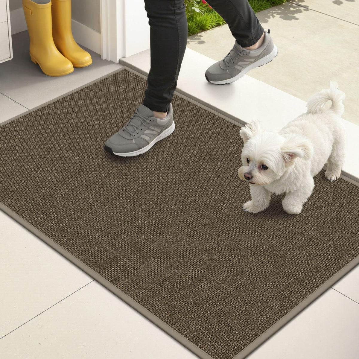 StepAura indoor door mat 17x29 brown, front view shows color and helps trap dirt at entry.