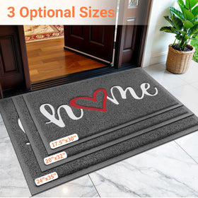 Close-up of the StepLively welcome mat shows the embossed 'home' pattern.