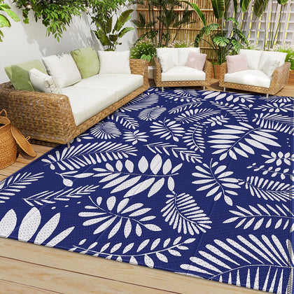StepRite outdoor rug 4x6 white blue, waterproof for patios and decks.