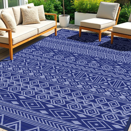StepTastic outdoor rug in blue-white pattern for patios, waterproof and easy to clean