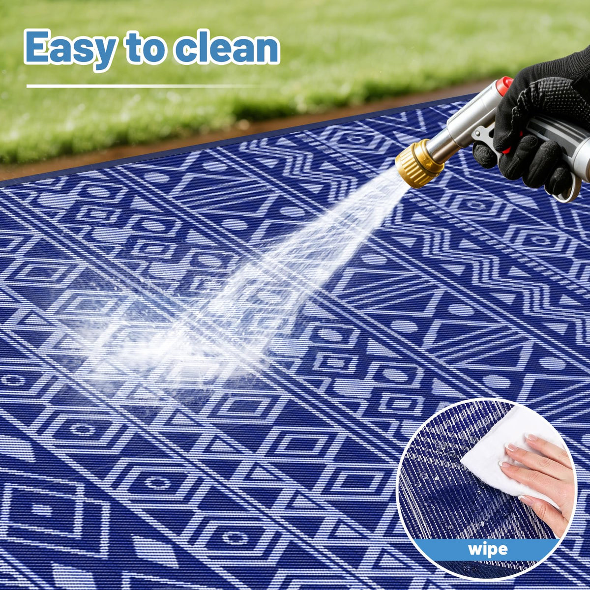 StepTastic RV camping rug waterproof blue-white, ready for outdoor adventures