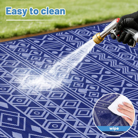 StepTastic RV camping rug waterproof blue-white, ready for outdoor adventures