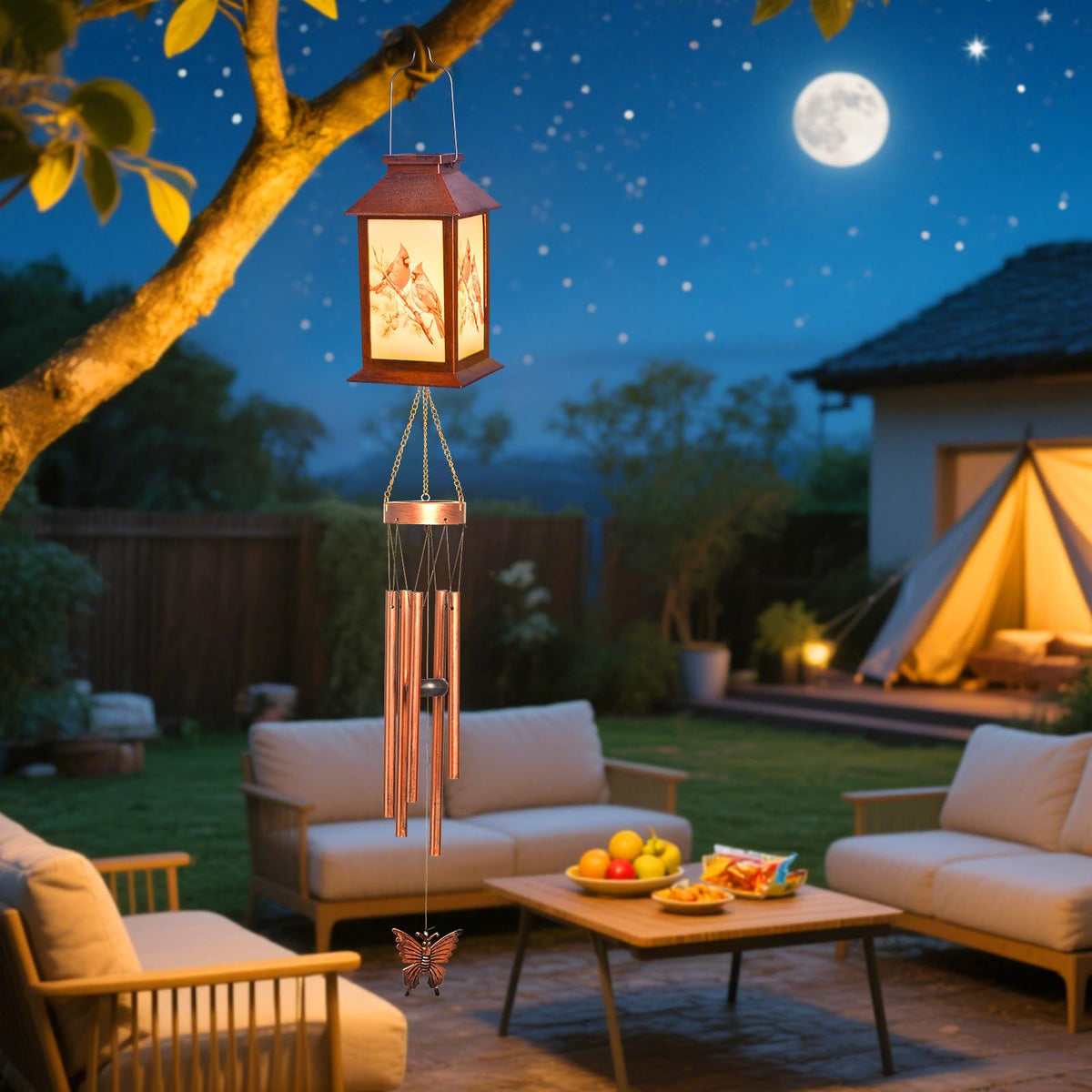 STF Cardinal Wind Chime demonstrates auto dusk-to-dawn operation at dusk.