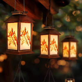 STF Cardinal Wind Chime shows hanging hook and ground stake for versatile placement.