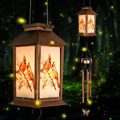 STF Cardinal Wind Chime solar lantern with warm LED glow for outdoor ambience.
