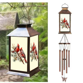 STF Cardinal Wind Chime at sunset enhances outdoor yard decor.