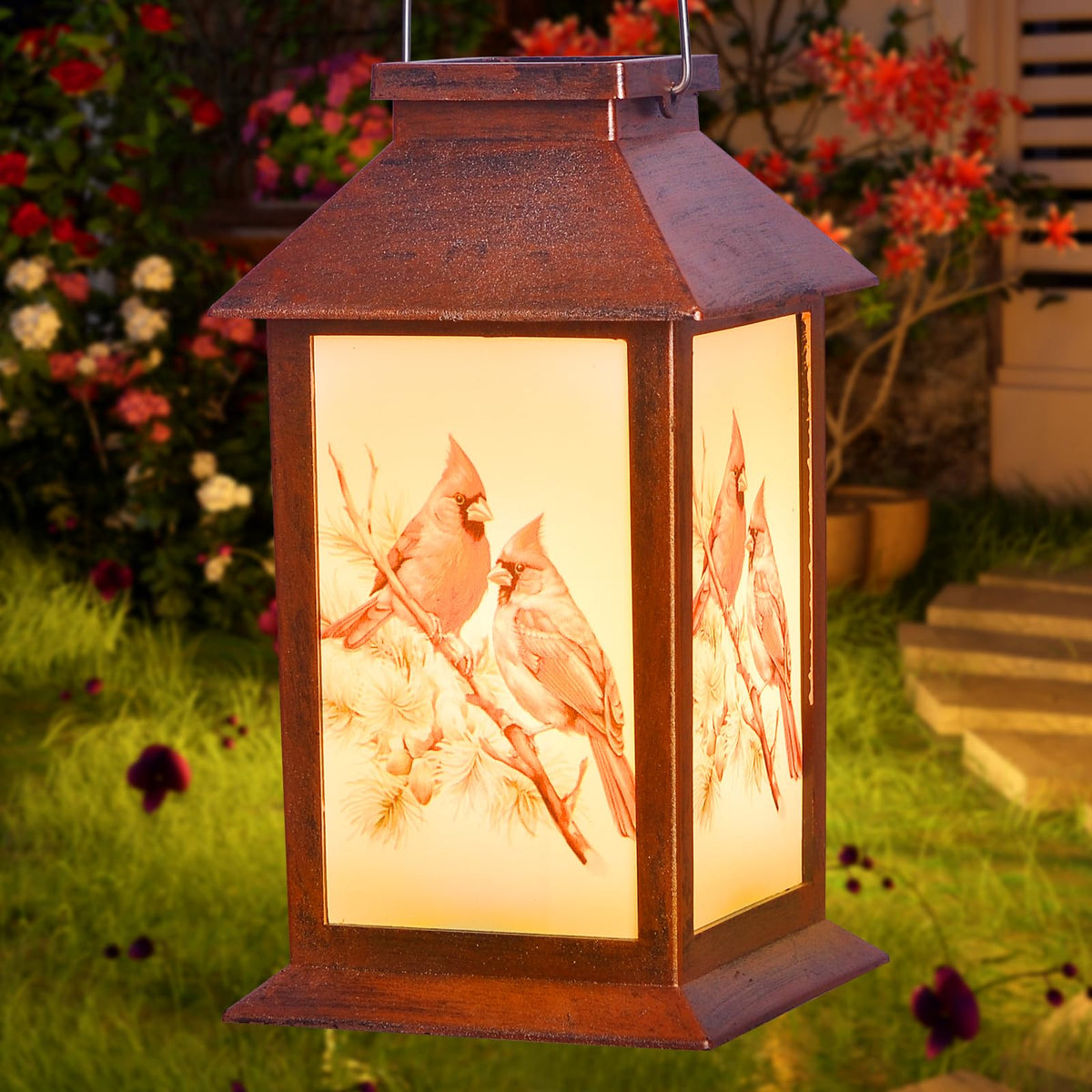 STF Cardinal Wind Chime in a cozy patio setting with warm glow.