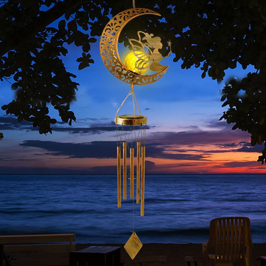 Sunlight reflecting off STF ShangTianFeng wind chime in garden