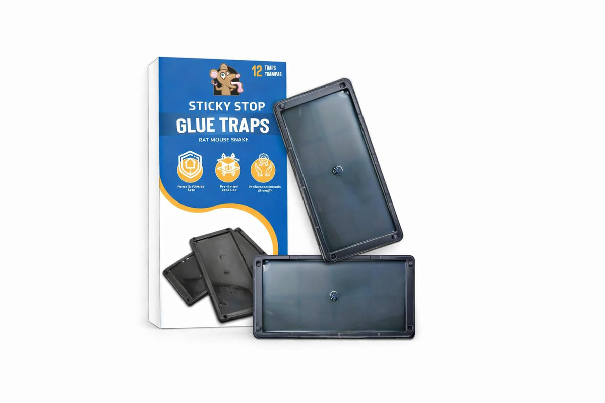 Sticky Stop glue traps indoor 12-pack for effective pest control in tight spaces.