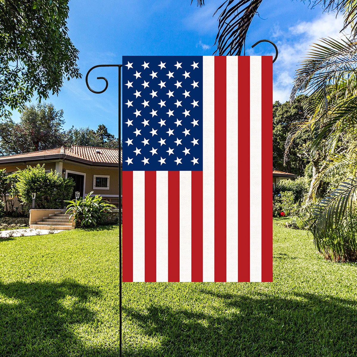 Sticro flag-pole compatible garden flag enhances curb appeal.