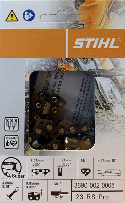 Stihl 23RS 68 Rapid Super chain on an 18-inch bar for fast, clean cutting