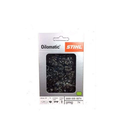 Stihl 26RM3-74 oilomatic close-up showing smoother cuts with low-friction design.