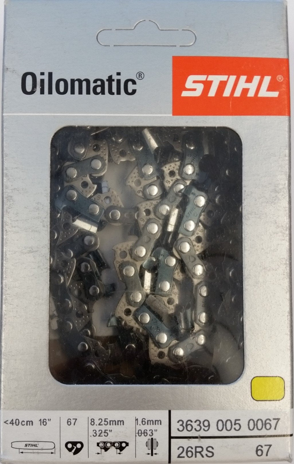 Stihl 3639-005-0067 full chisel saw chain for 16-inch bars, precise cuts.