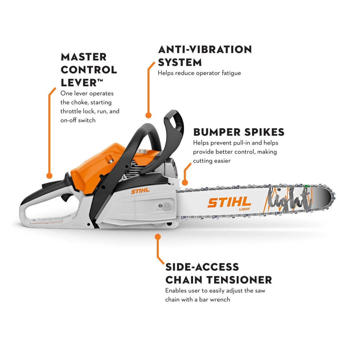 Stihl MS 162 chainsaw cutting wood with a 30 cm bar.