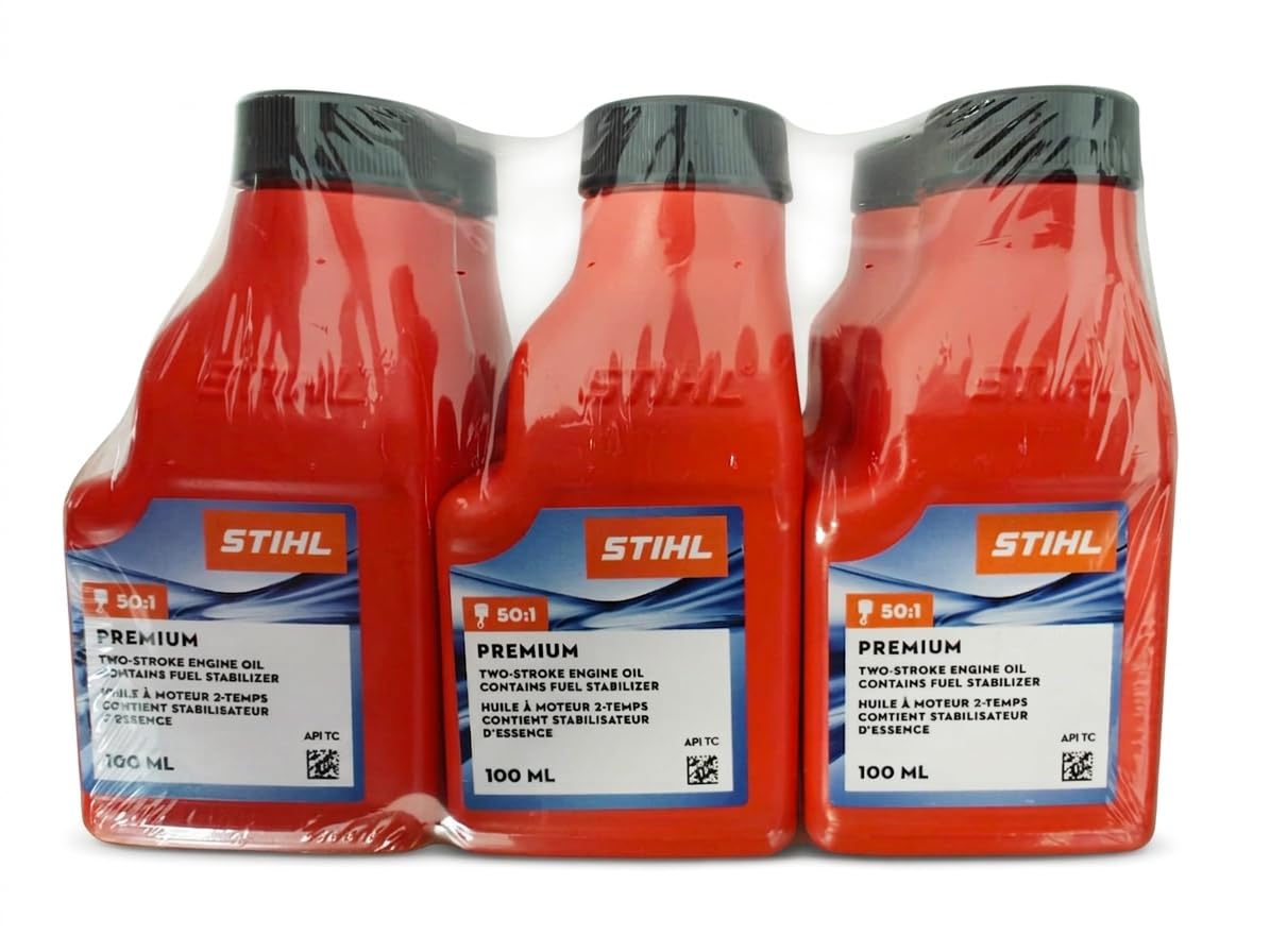 Stihl Premium 2-Cycle Oil bottle for easy 50:1 mixing and engine care.