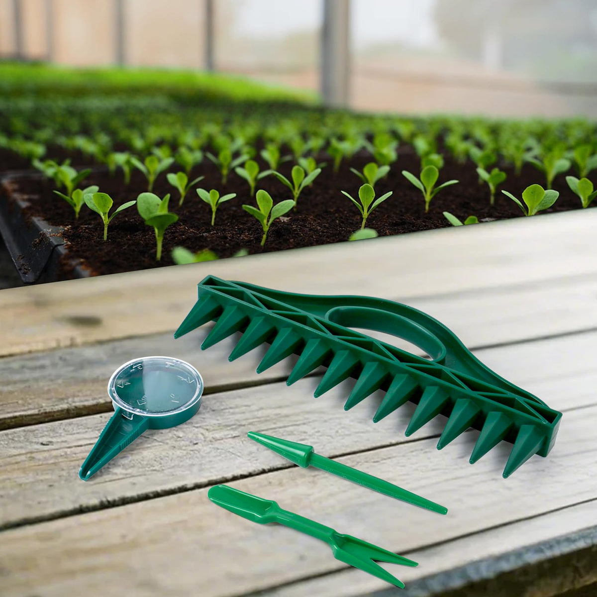 STILTOOL multi-outlet seed spreader aiding precise placement across rows.