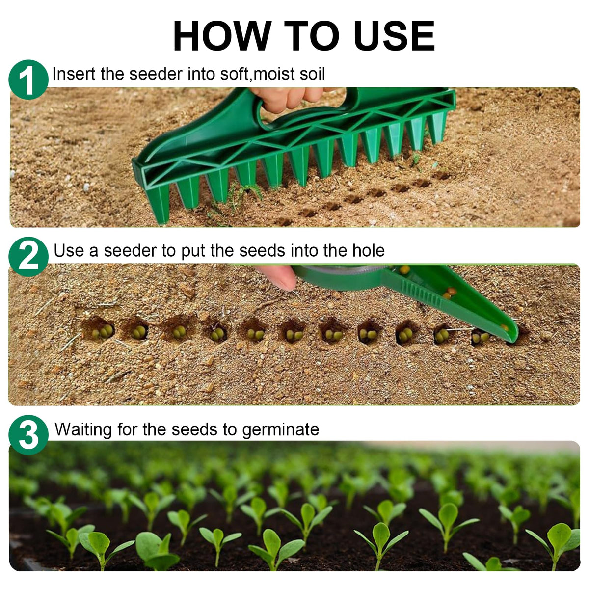 STILTOOL vegetable seed spreader ideal for peas, lettuce, and carrots.