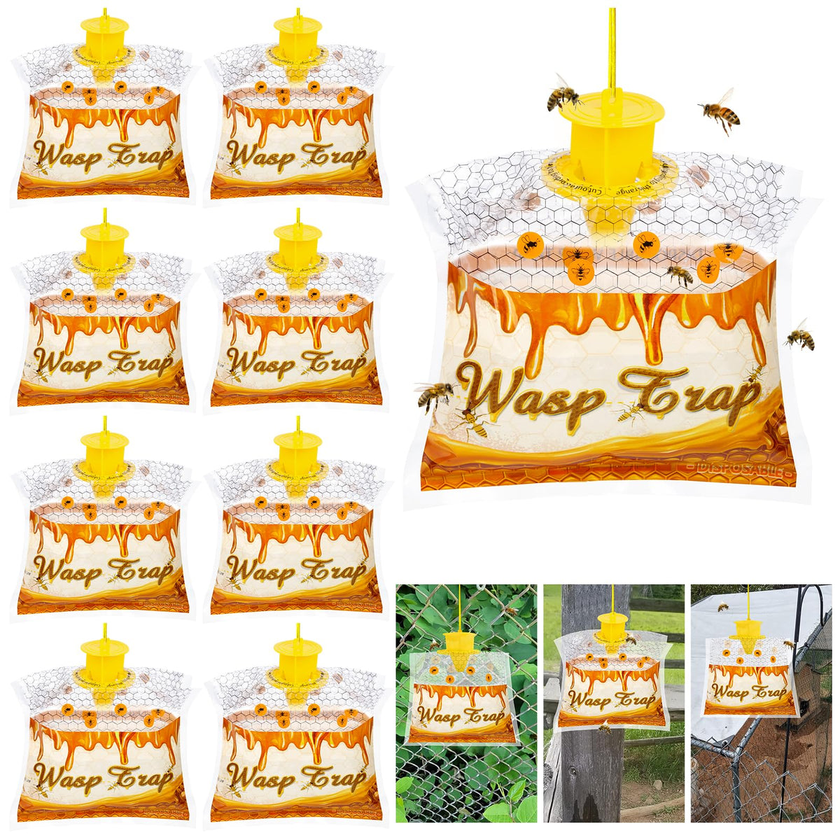 Stingmon 8-pack wasp traps hanging outdoors in a garden for protection