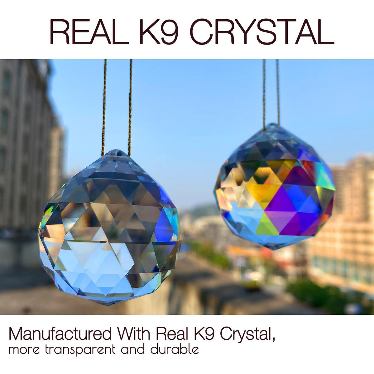 Stino ball crystal sun catcher prism close-up reveals AB color facets.