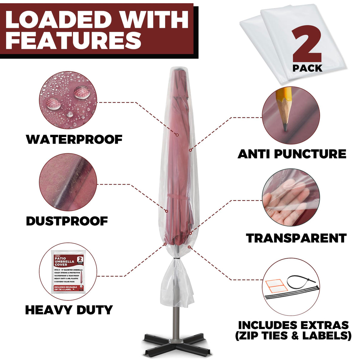 Storage Standard fits 5 to 11 ft umbrellas for versatile protection.