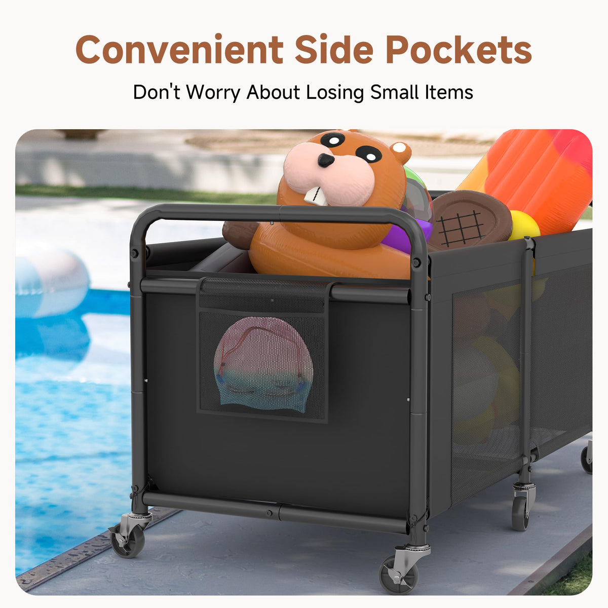 StorageWorks easy-assembly pool toy organizer for quick setup after beach days