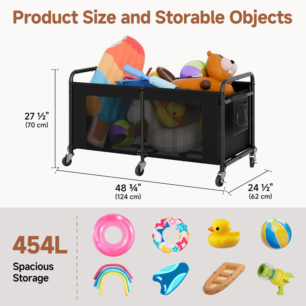 StorageWorks pool toy storage bin with side pockets holds goggles and caps within reach