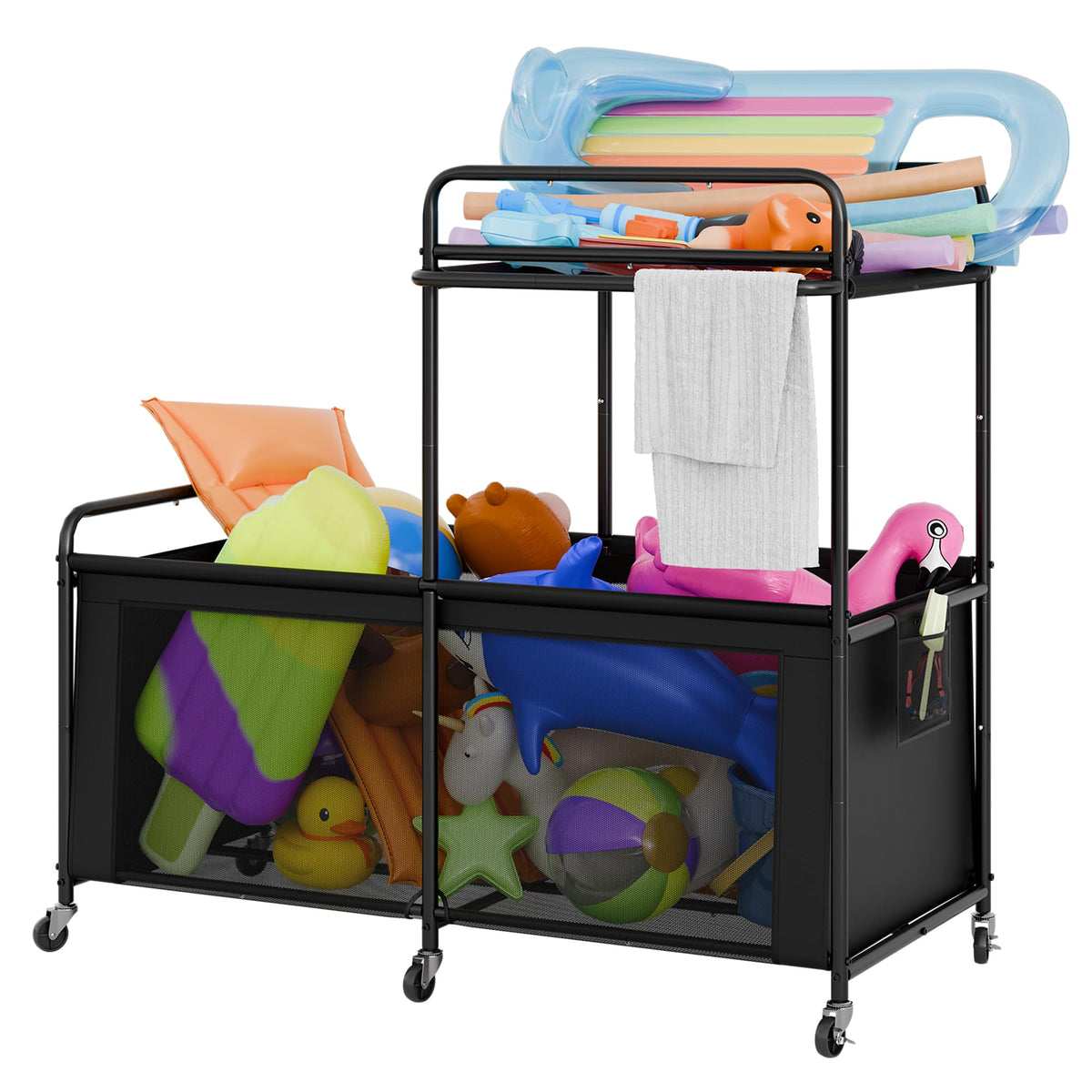 StorageWorks two-tier pool storage cart front view showing durable organization for floats and toys