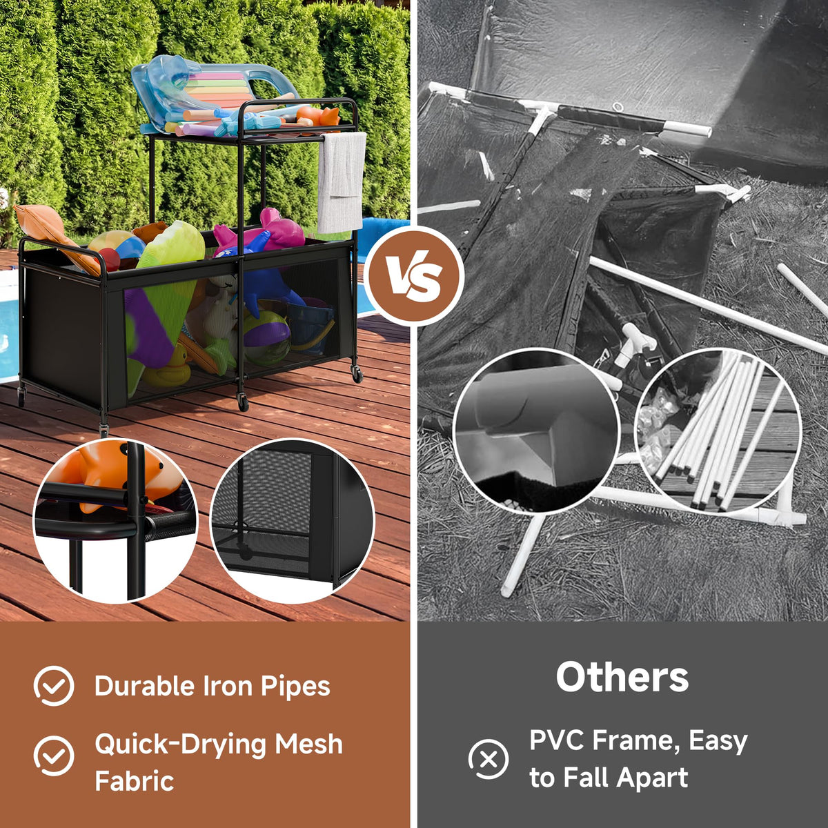 StorageWorks two-tier pool storage cart side view highlighting mobility for poolside use