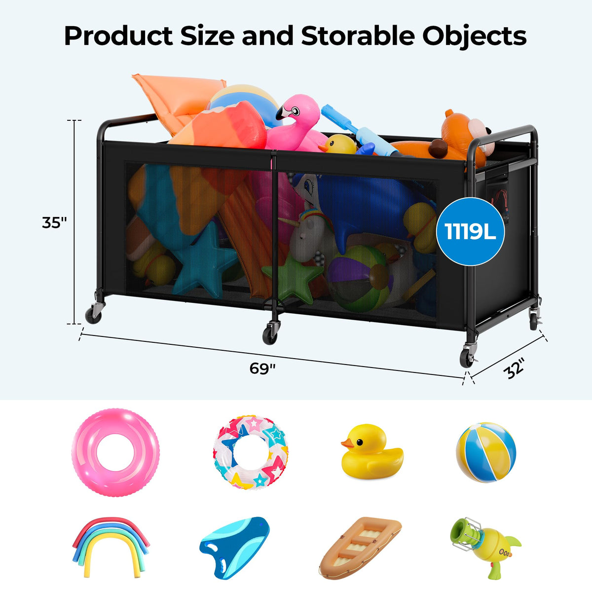 StorageWorks mesh pool toy bin provides easy air ventilation for drying gear.
