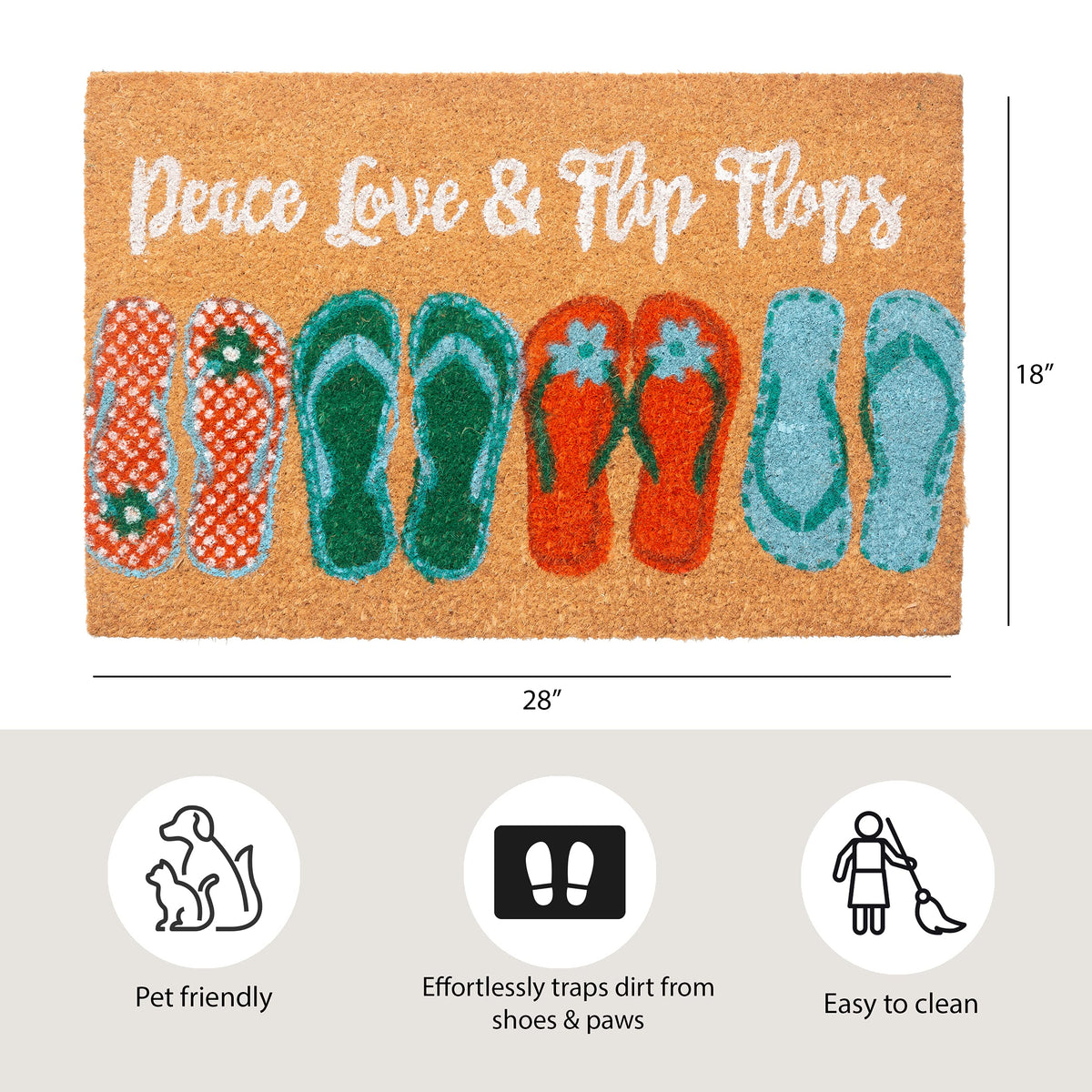 Storm Stopper peace love flip flops mat resists fading in all seasons.