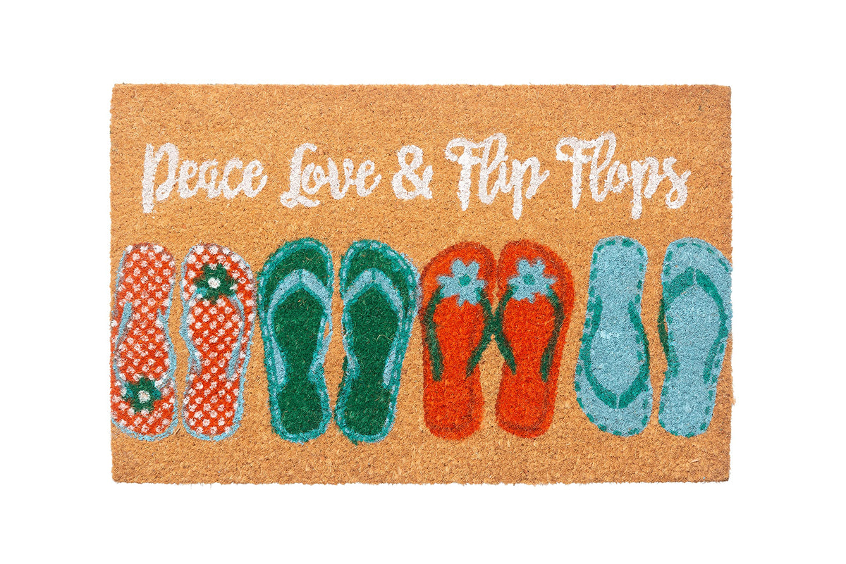 Storm Stopper doormat with peace love flip flops design at the front door.