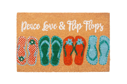 Storm Stopper doormat with peace love flip flops design at the front door.