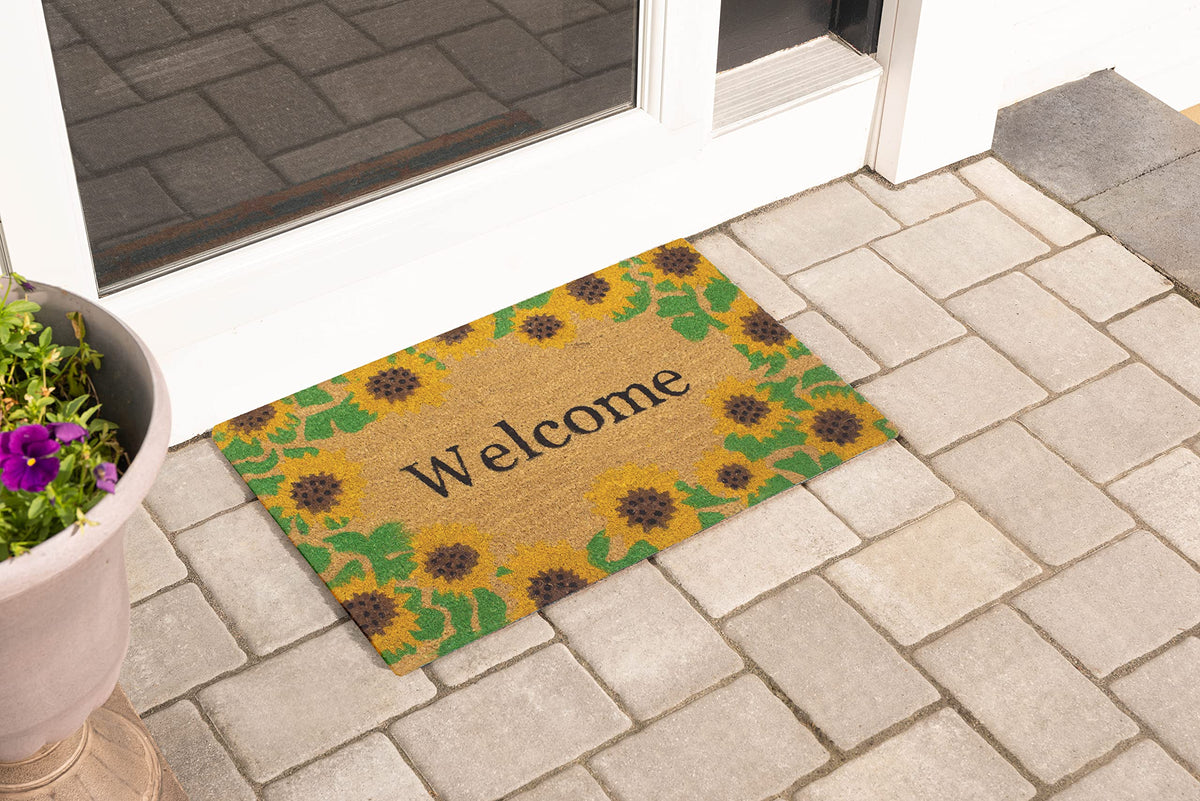 Storm Stopper sunflowers doormat back view highlighting anti-slip PVC backing for secure placement.