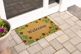 Storm Stopper sunflowers doormat back view highlighting anti-slip PVC backing for secure placement.