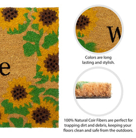 Storm Stopper sunflowers doormat packaging and care instructions for quick setup.