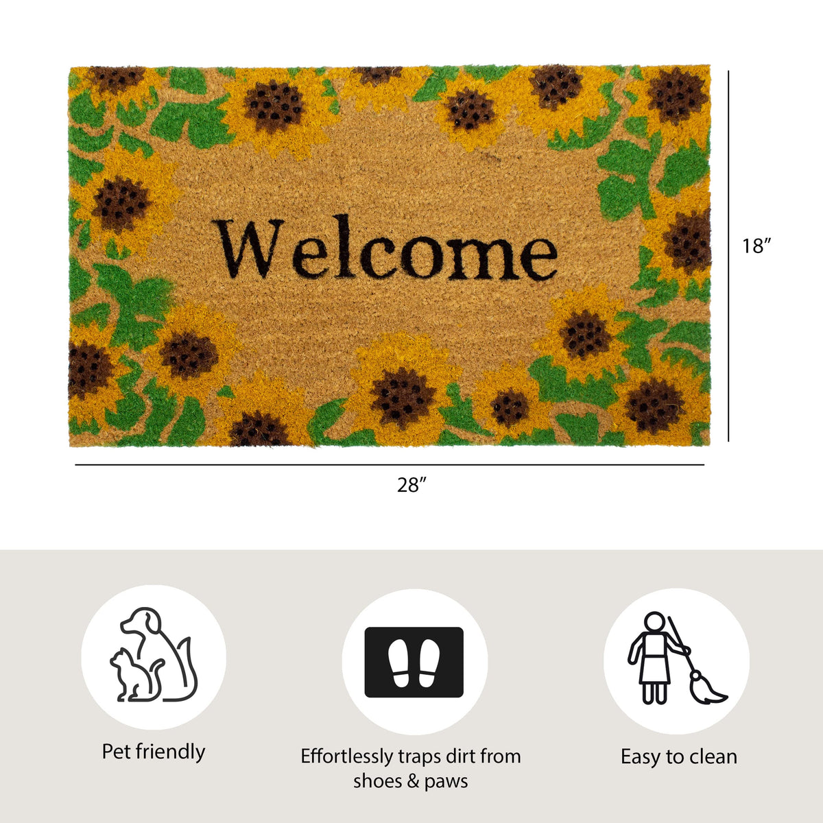 Storm Stopper sunflowers doormat size 18x28 inches fits standard entryways.
