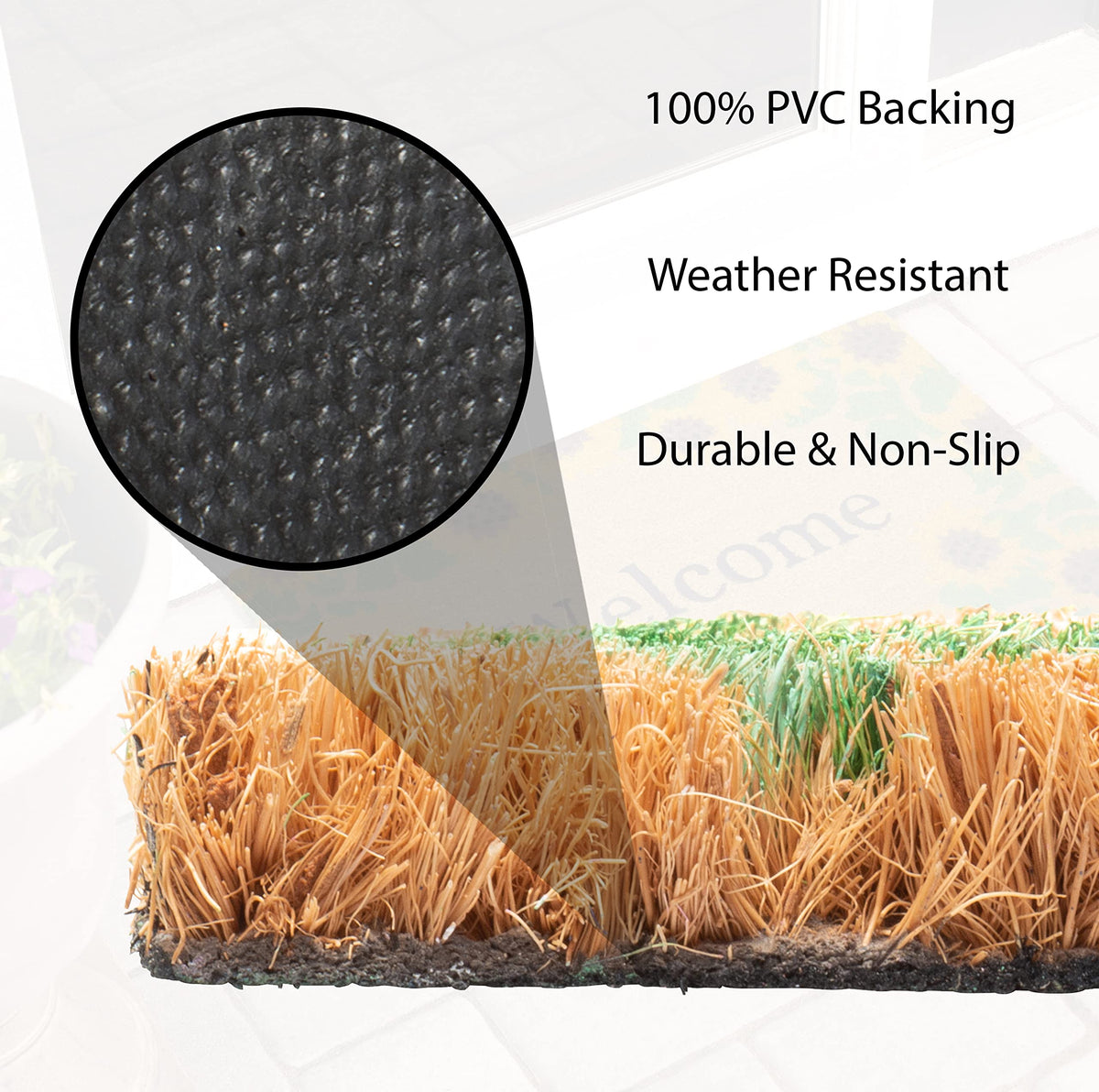 Storm Stopper sunflowers doormat in outdoor setting emphasizing fade-resistant colors through weather exposure.