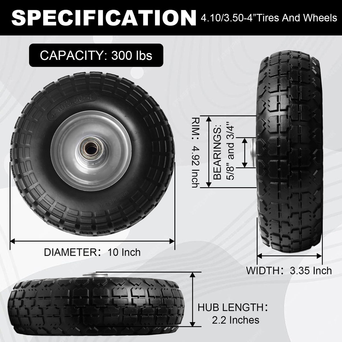 Storystore 10-inch solid rubber wheel ideal for dolly and wheelbarrow upgrades.