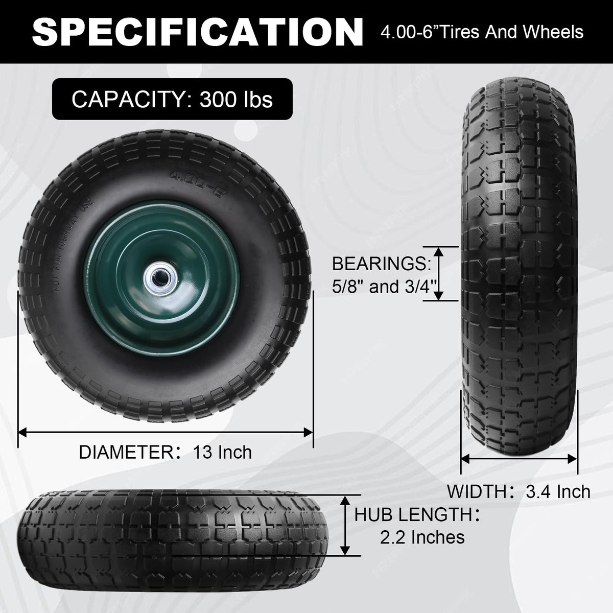Storystore 13-inch wheelbarrow tire shown for smooth, maintenance-free transport.