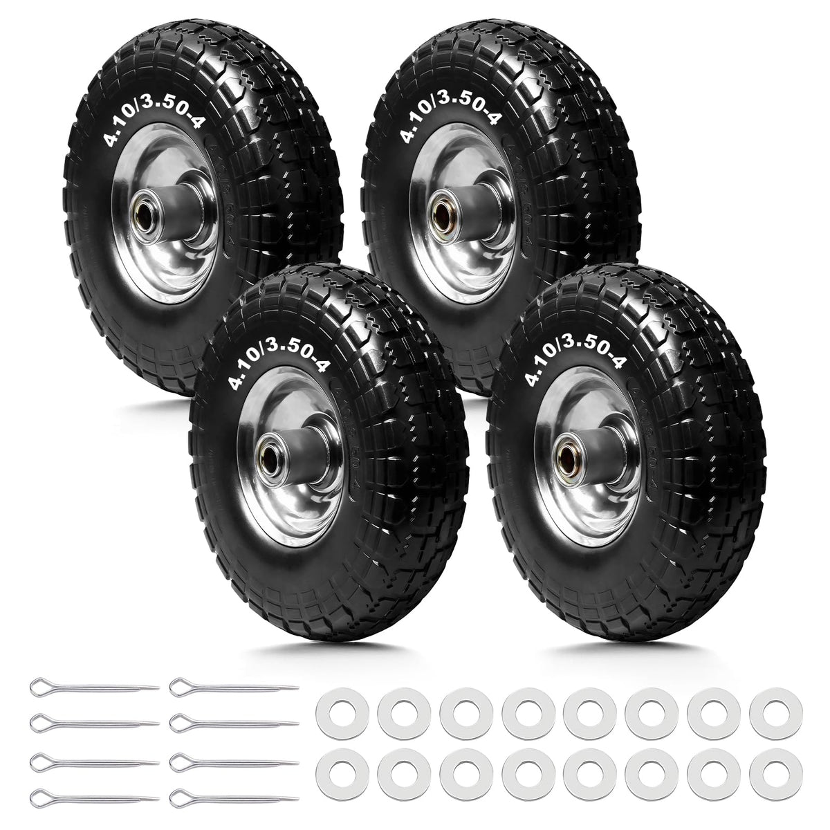 Storystore 4-pack 410-350-4 tire and wheel with solid rubber for flat-free performance.