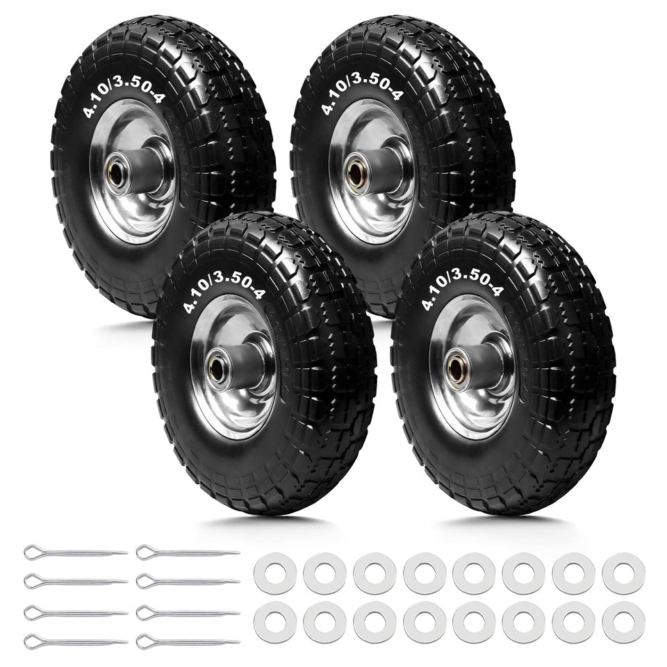 Storystore 4-pack 410-350-4 tire and wheel with solid rubber for flat-free performance.
