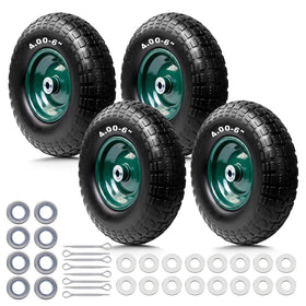 Storystore 4-pack flat-free tire and wheel ready for quick wheelbarrow setup.