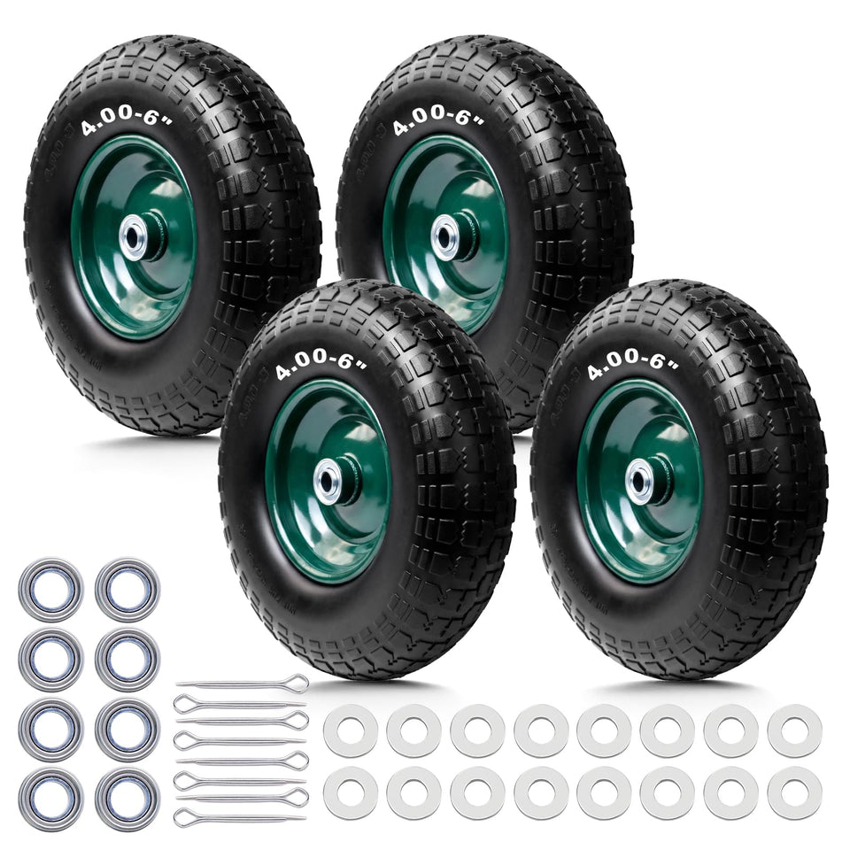 Storystore 4-pack flat-free tire and wheel ready for quick wheelbarrow setup.